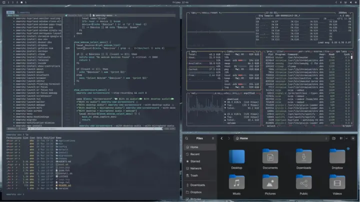 The Omarchy 4 desktop in the Nord theme: a dark blue and grey palette, five numbered workspaces in the top bar, a system monitor and a file manager tiled beside two terminals